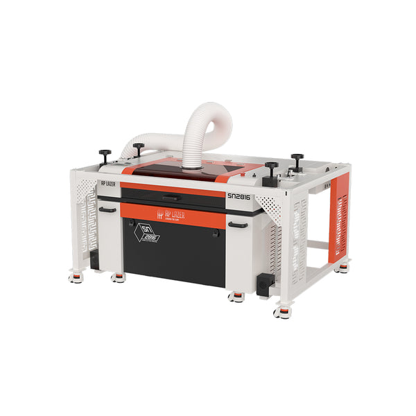 SN2816LR CO2 laser machine with honeycomb cutting table and exhaust system, ideal for a turnkey engraving solution.