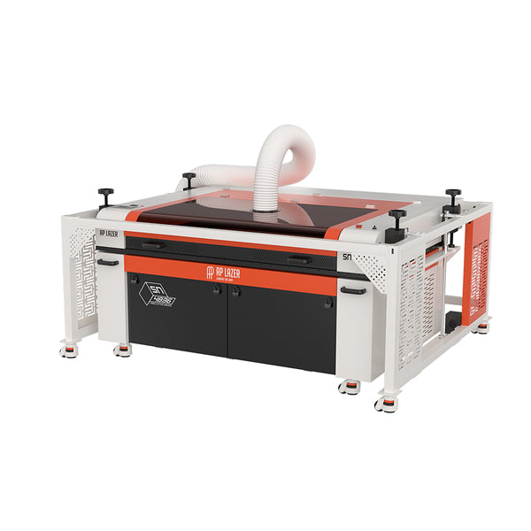 SN4836LR CO2 laser machine with honeycomb cutting table and exhaust system, ideal for engraving and cutting projects.