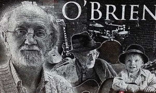 Black and white image featuring a man with glasses, a musician with a guitar, and a child in a hat, all under the name "O'Brien."