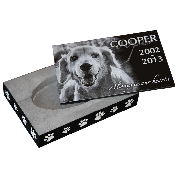 Dog etched on granite cremation pet marker