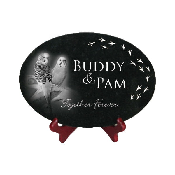 image of a jet black granite oval tile with an engraving of two parrots.