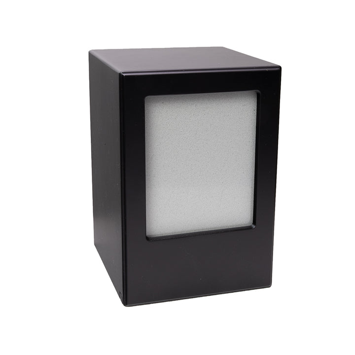 image of a black cremation urn with window for a photo