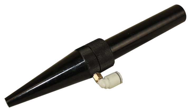 Black conical nozzle with a valve, designed for laser applications, part of the Focus Lens Kit.