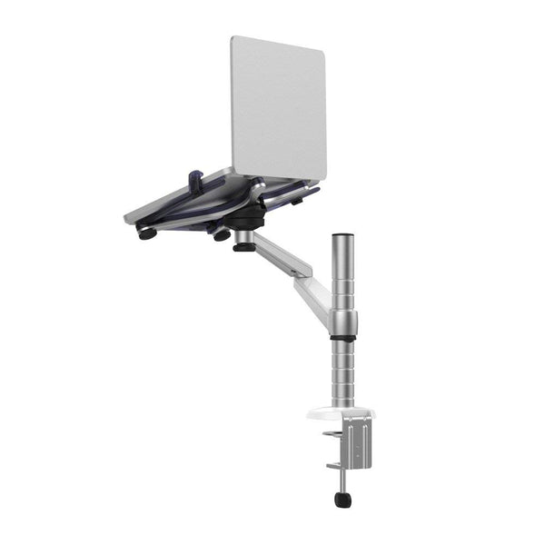 Clamp-on laptop stand for AP Lazer systems with adjustable arm and tool-free assembly. Ideal for mounting laptops or tablets.