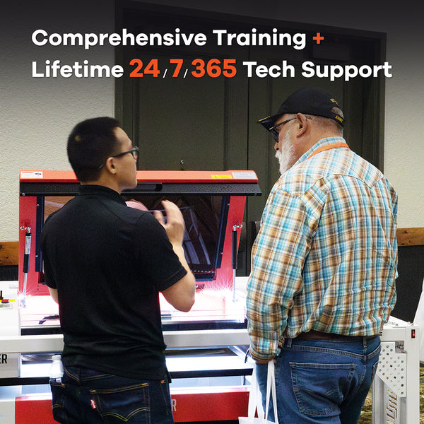 Overview of training session highlighting comprehensive training and lifetime tech support for laser machine users.